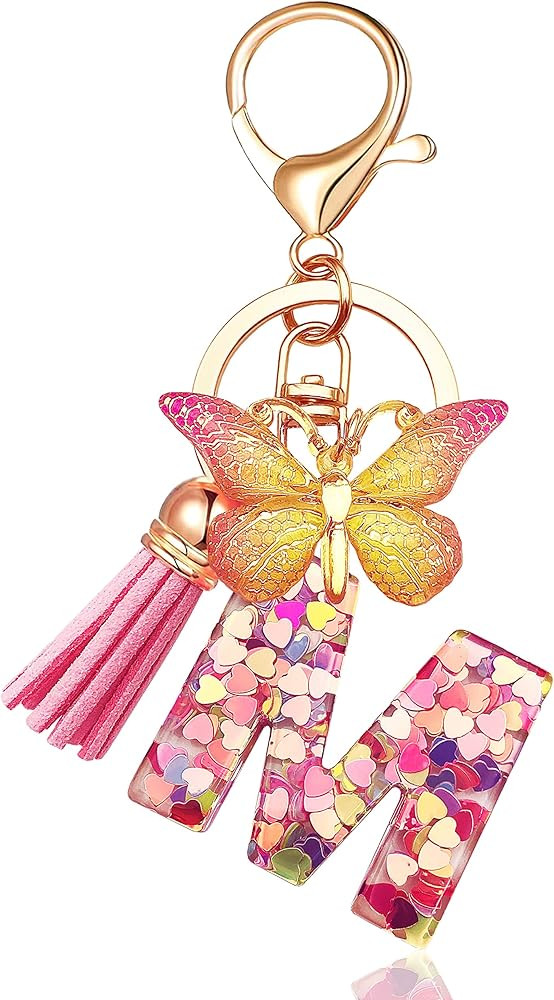 JINGUAZI Initial letter Keychains for Women Tassel Butterfly Pink Purple Cute Car Keychain for Wa... | Amazon (US)