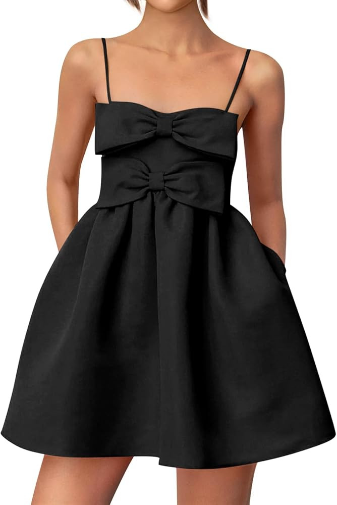 Yousify Womens Cute mini Bow Dresses Spaghetti Strap Elegant Babydoll A Line Short Cocktail Party... | Amazon (US)