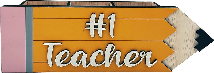 Personalized Teacher Name Plate For Desk w Supply Organizer in Shape Of Pencil | Laser Cut Wooden... | Amazon (US)