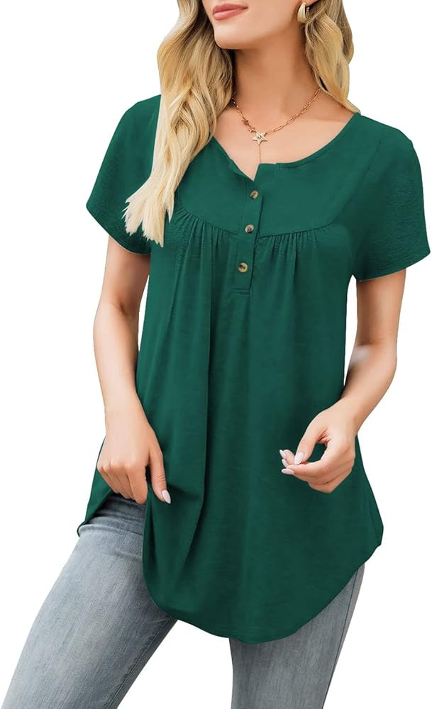 AMCLOS Womens Tie-Dye Tops V Neck Soft T-Shirts Flowy Pleats Tunic Button up Casual Blouses Summer S | Amazon (US)