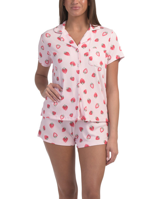 2pc Strawberry Print Notch Collar Top And Shorts Pajama Set | TJ Maxx