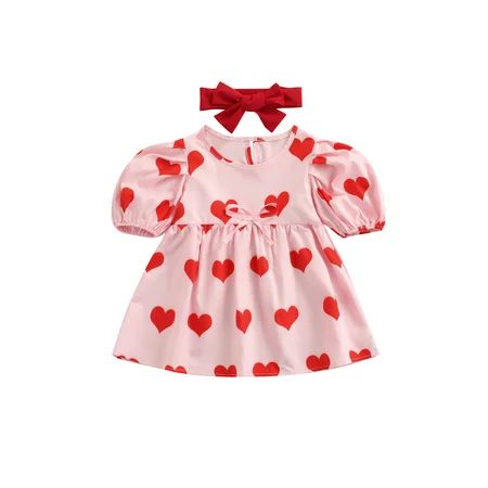 ZIYIXIN Toddler Baby Girl Valentines Day Clothes Short Puff Sleeve Ruffle Heart Print Dress with Bow | Walmart (US)