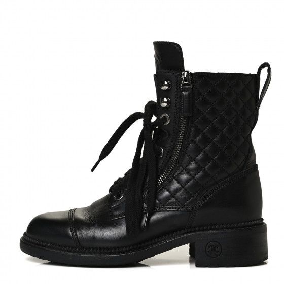 CHANEL Calfskin Quilted Lace Up Combat Boots 36 Black | Fashionphile