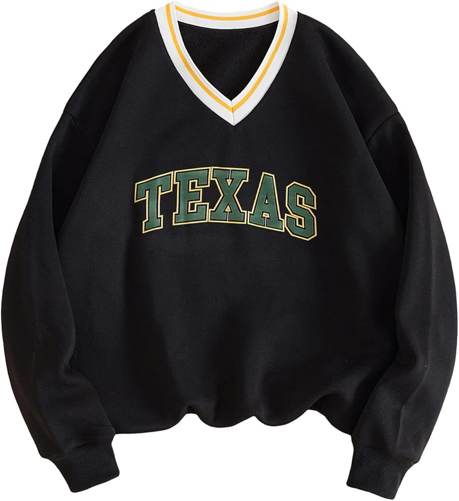 COZYEASE Women's Letter Graphic V Neck Long Sleeve Sweatshirt Casual Drop Shoulder Lined Pullover... | Amazon (US)