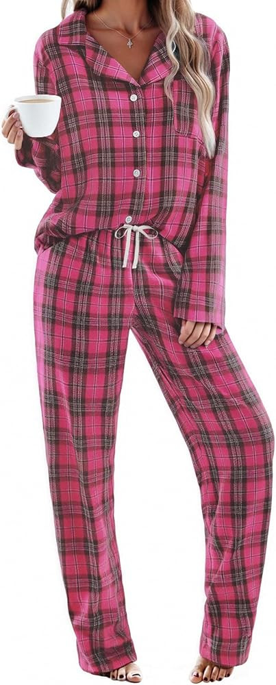 Ekouaer Womens Pajama Sets 2 Piece Cotton Plaid Pjs Long Sleeve Sleepwear Button Down Lounge Set ... | Amazon (US)