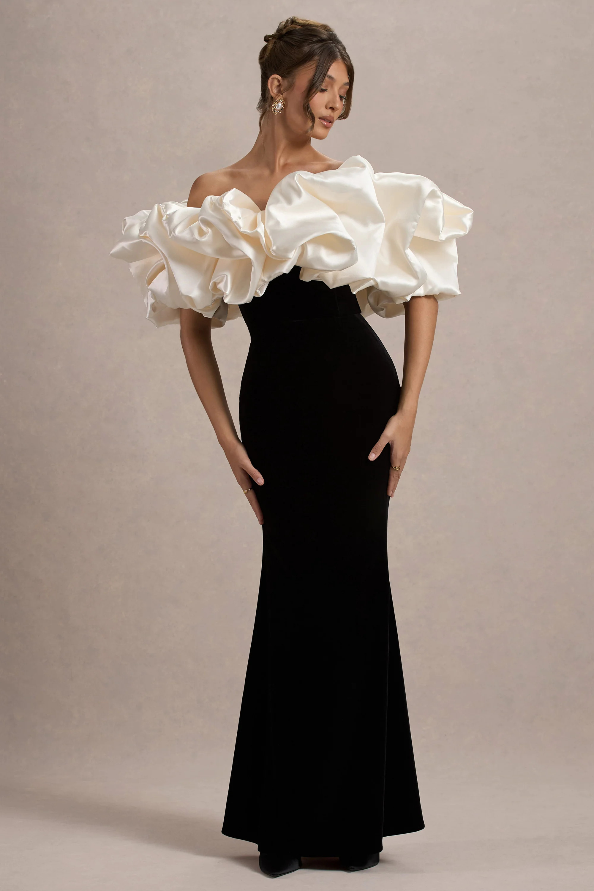 Cecily | Black Velvet Bardot Maxi Dress With Satin Ruffle Trim | Club L London