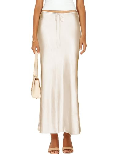 Skrtimory Womens Satin Silk Maxi Skirts Drawstring Flared Casual A-Line Long Skirt for Women Cream | Amazon (US)