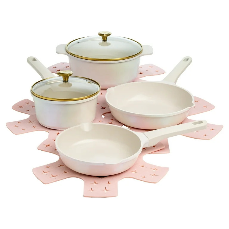 Paris Hilton Clean Ceramic Nonstick Cast Aluminum Cookware Set with Heart Knobs, Iridescent White | Walmart (US)