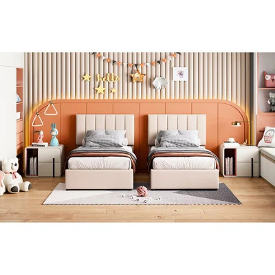 King Size Platform Bed With Beige Upholstery And Storage Space Upholstered Option | Wayfair North America