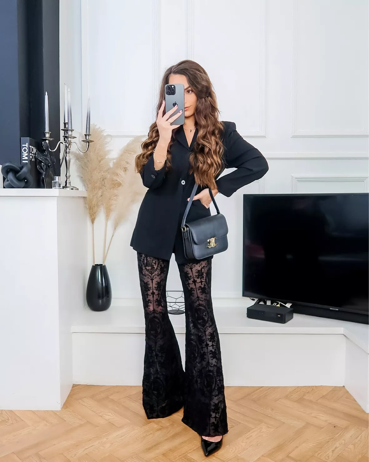 Black Woven Sheer Lace Flared Pant
