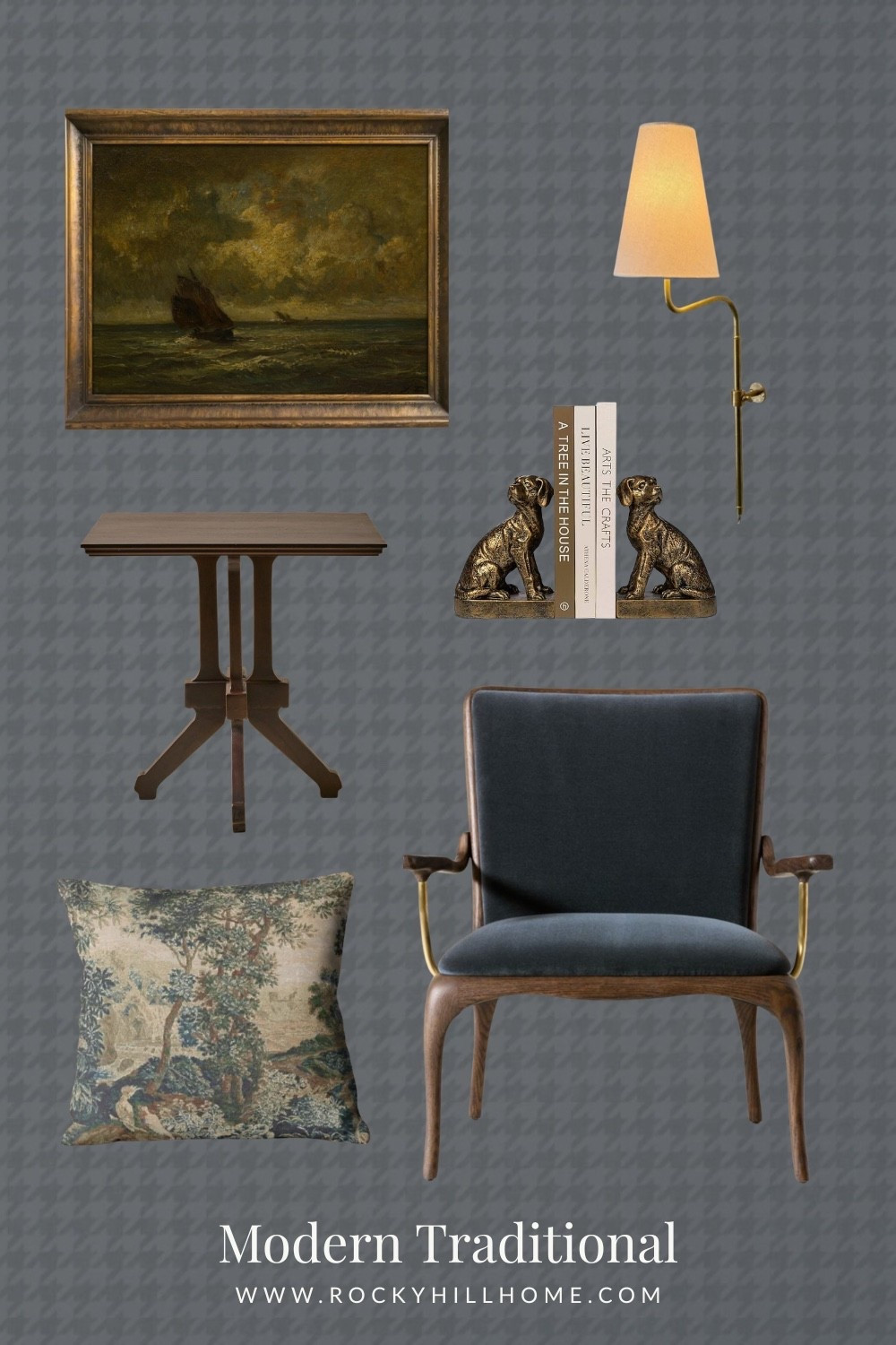 Modern Traditional furniture and home decor for a moody blue color palette.

vintage seascape, plug in wall sconce, gold dog bookends, warm wood vintage inspired side table, blue CB2 chair, and tapestry pillow.

etsy finds, amazon home



#LTKHome #LTKFindsUnder100