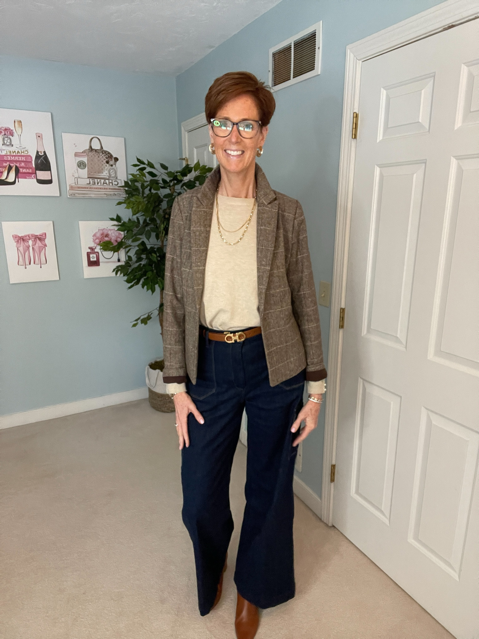 OOTD beige crew neck sweater, brown tweed blazer, dark wash wide leg Paige jeans, brown boots

fashion for women over 50, tall fashion, smart casual, work outfit, workwear, timeless classic outfits, timeless classic style, classic fashion, jeans, date night outfit, dress, spring outfit

#LTKstyletip #LTKworkwear #LTKover40