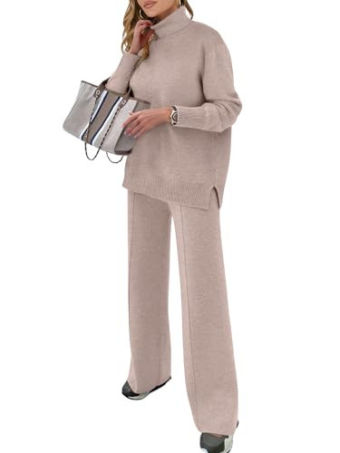 ANRABESS Womens 2 Piece Outfits Turtleneck Matching Lounge Set Sweater Top Wide Leg Pants Fall Cozy Knit Sweatsuit Loungewear Camel Large | Amazon (US)
