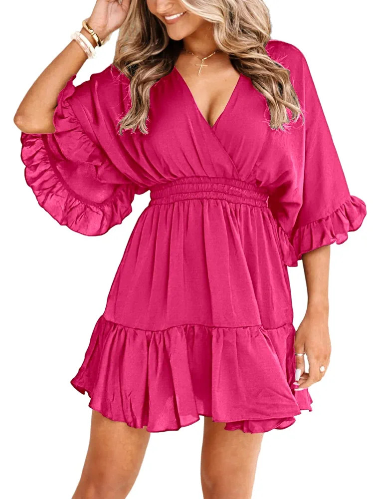 Aoysky Womens V Neck Casual Dresses Summer Loose High Waist Ruffle Pleated Cute Mini Short Dress | Amazon (US)