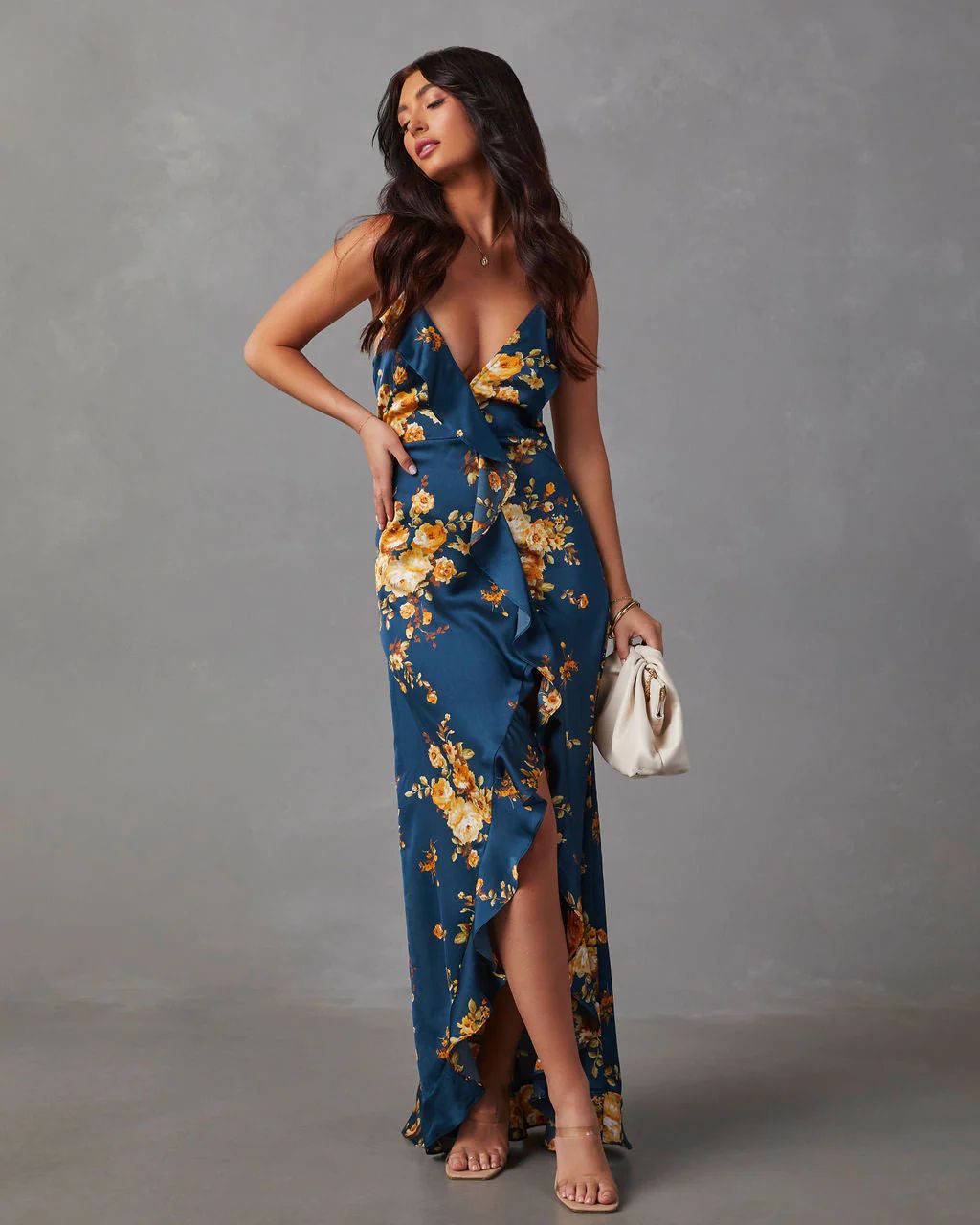 Capriccio Satin Floral Ruffle Maxi Dress | VICI Collection