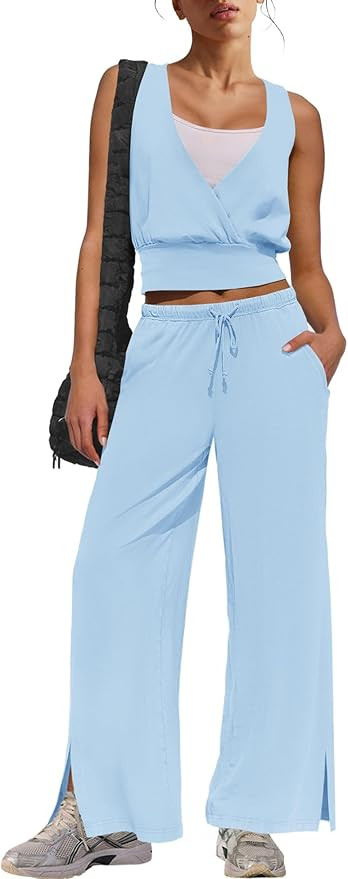 Panadila Womens Matching Sets 2 Piece Outfits V Neck Tops and Wide Leg Yoga Pants Summer Beach Va... | Amazon (US)