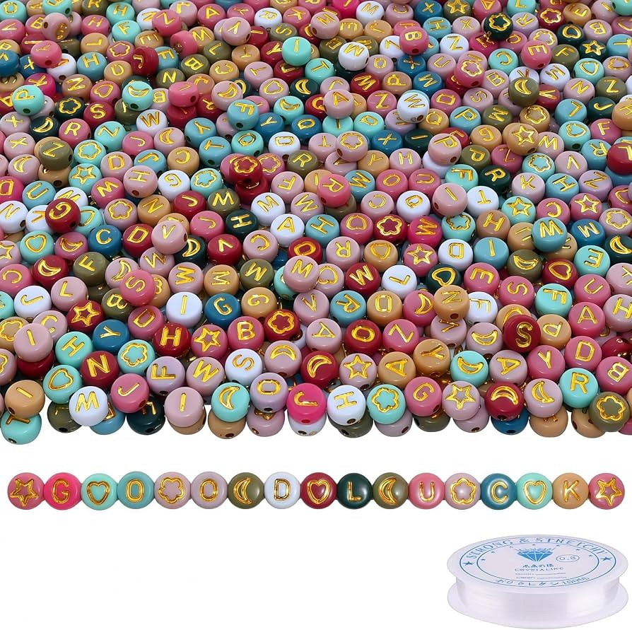Amaney 1000pcs 4x7mm Alphabet Letter Beads Heart Star Moon Beads Gold on Colors and Beading Cords... | Amazon (US)
