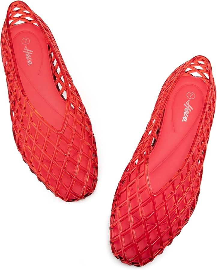 HEVA Women's Jelly Mesh Flats Breathable Clear Hollow Shoes Summer Beach Jellies Ballet Sandals | Amazon (US)