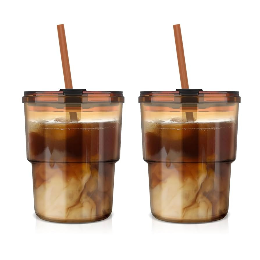 13oz Tumbler Water Glass Cups with Straw and Lid, 2 Pack Reusable Glass Coffee Tumbler for Iced T... | Amazon (US)