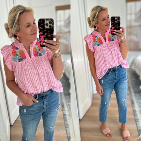Cutest pink check embroidered top. Wearing a size small. Jeans are a size 26. Code FANCY15 for 15% off

#LTKstyletip #LTKsalealert #LTKFind