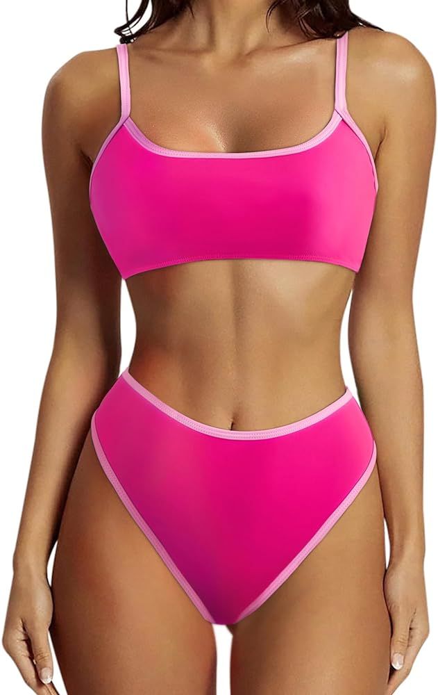 SUUKSESS Women High Waisted 2 Piece Bikini Set Cheeky High Cut Bandeau Swimsuit | Amazon (US)