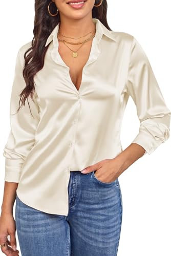 Women's Casual Elegant Tops Long Sleeve Satin Silk Button Down Shirt Business Workwear Slim-Fit Blouse for Women Up Work Tunic Top Cream Color XS | Amazon (US)