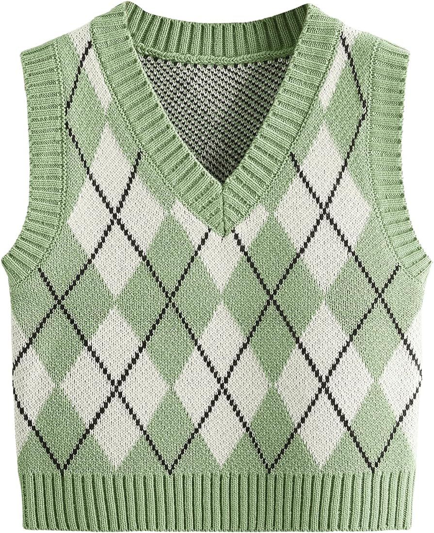 SweatyRocks Women's Plaid Geo Sleeveless V Neck Knit Crop Top Sweater Vest | Amazon (US)