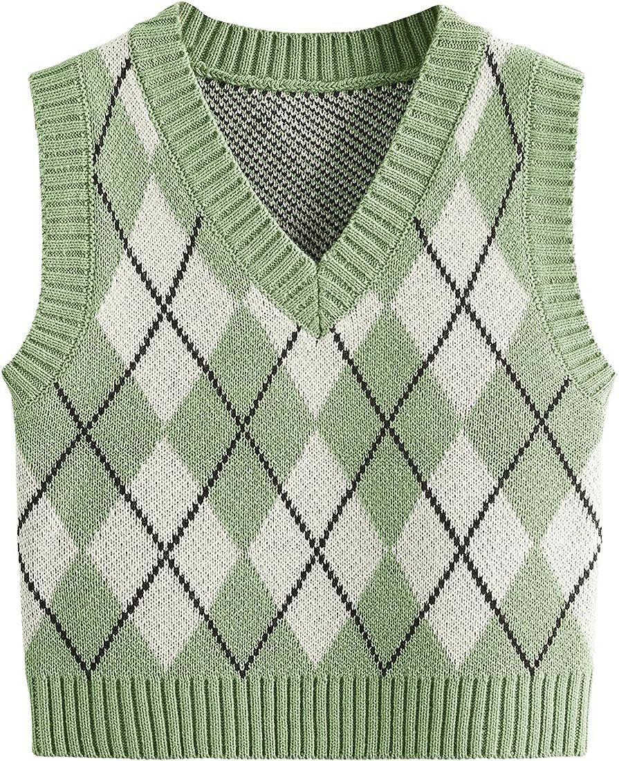 SweatyRocks Women's Plaid Geo Sleeveless V Neck Knit Crop Top Sweater Vest | Amazon (US)