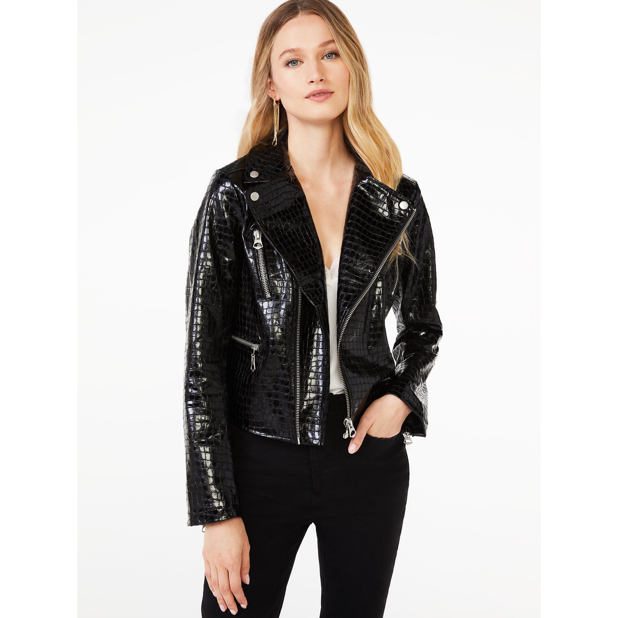 Scoop - Scoop Women's Faux Leather Shine Croc Moto Jacket - Walmart.com | Walmart (US)