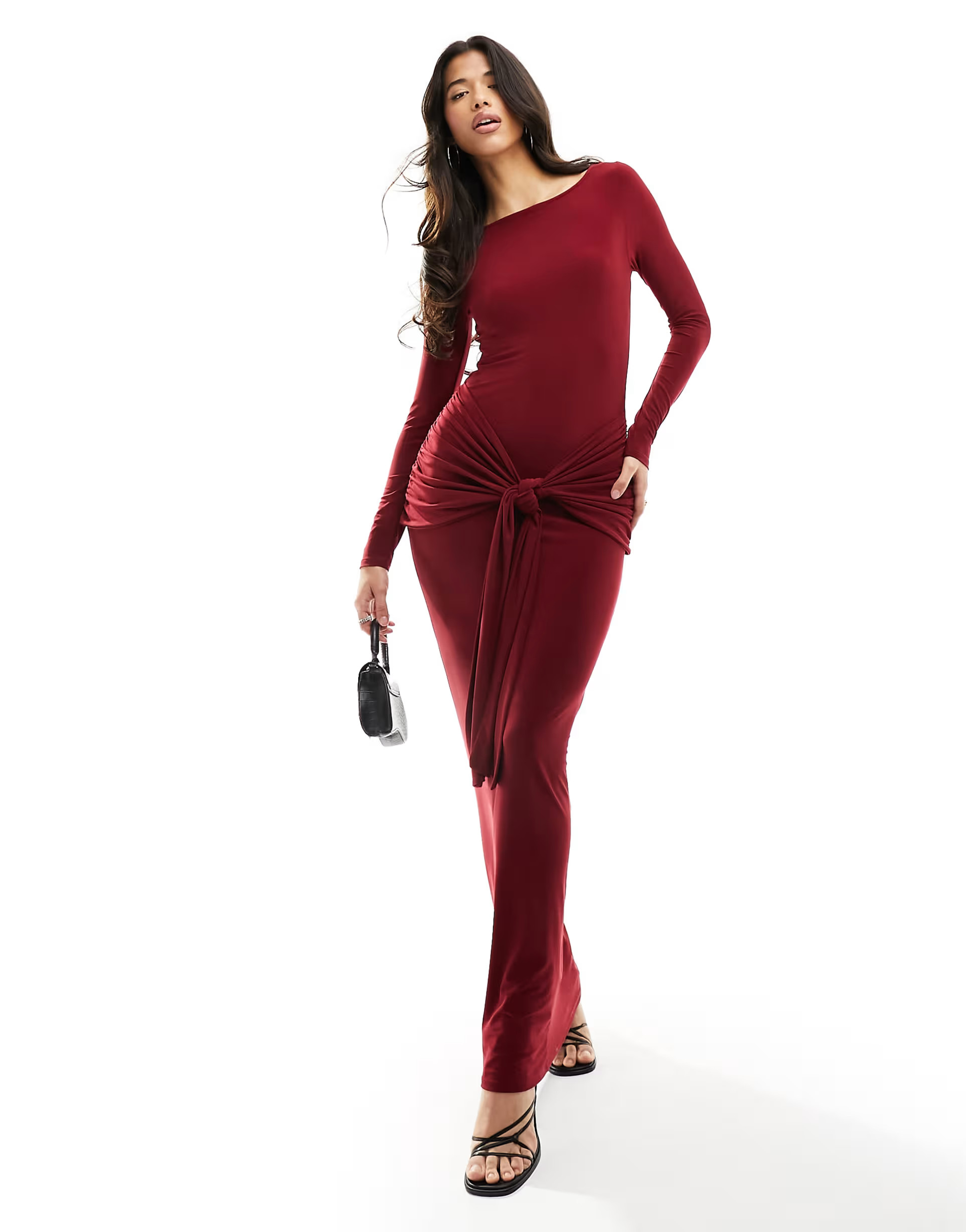 › ASOS DESIGN tie front exaggerated drape maxi dress in wine | ASOS (Global)