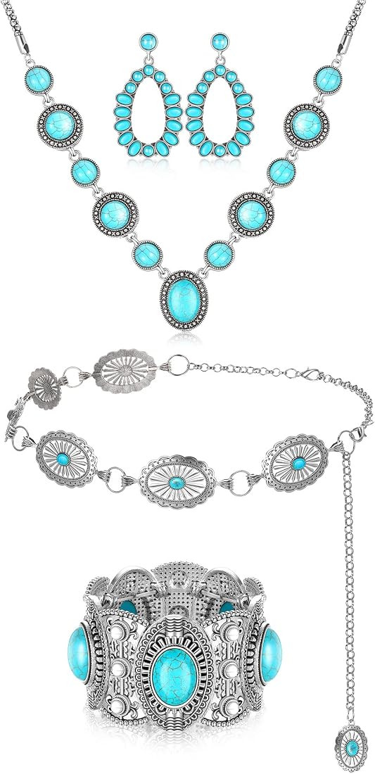 4 Pieces Bohemian Turquoise Western Jewelry Set Turquoise Concho Chain Waist Belt Turquoise Neckl... | Amazon (US)