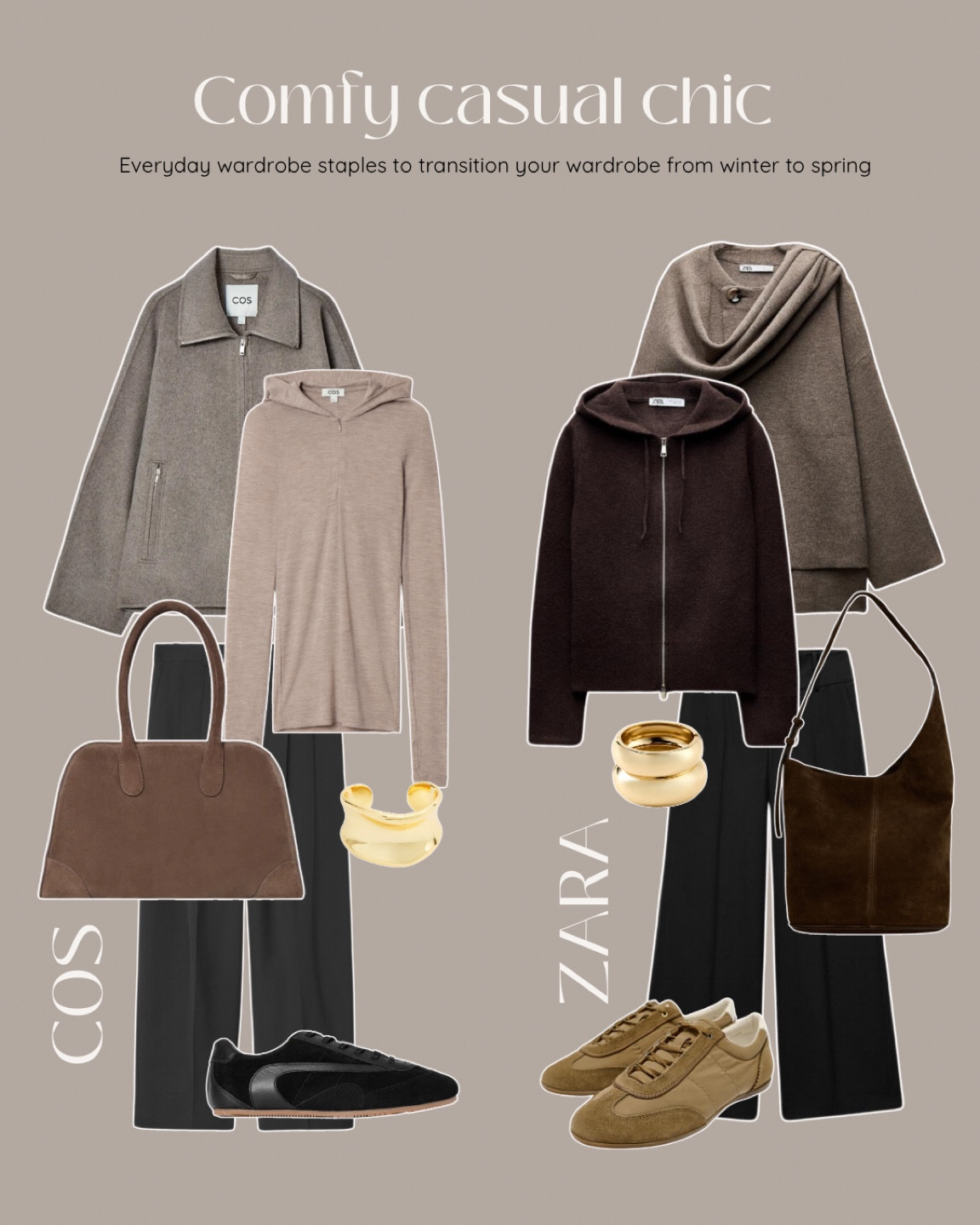 Everyday chic comfy casual sneakers outfits to transition your wardrobe from winter to spring - COS vs ZARA ✨

Black wide leg trousers
Brown knitted hoodie
Mole wool jacket 
Brown suede tote bag 
Gold cuff bangle
Suede trainers 

#LTKuk #LTKshoes #LTKspring #LTKbag