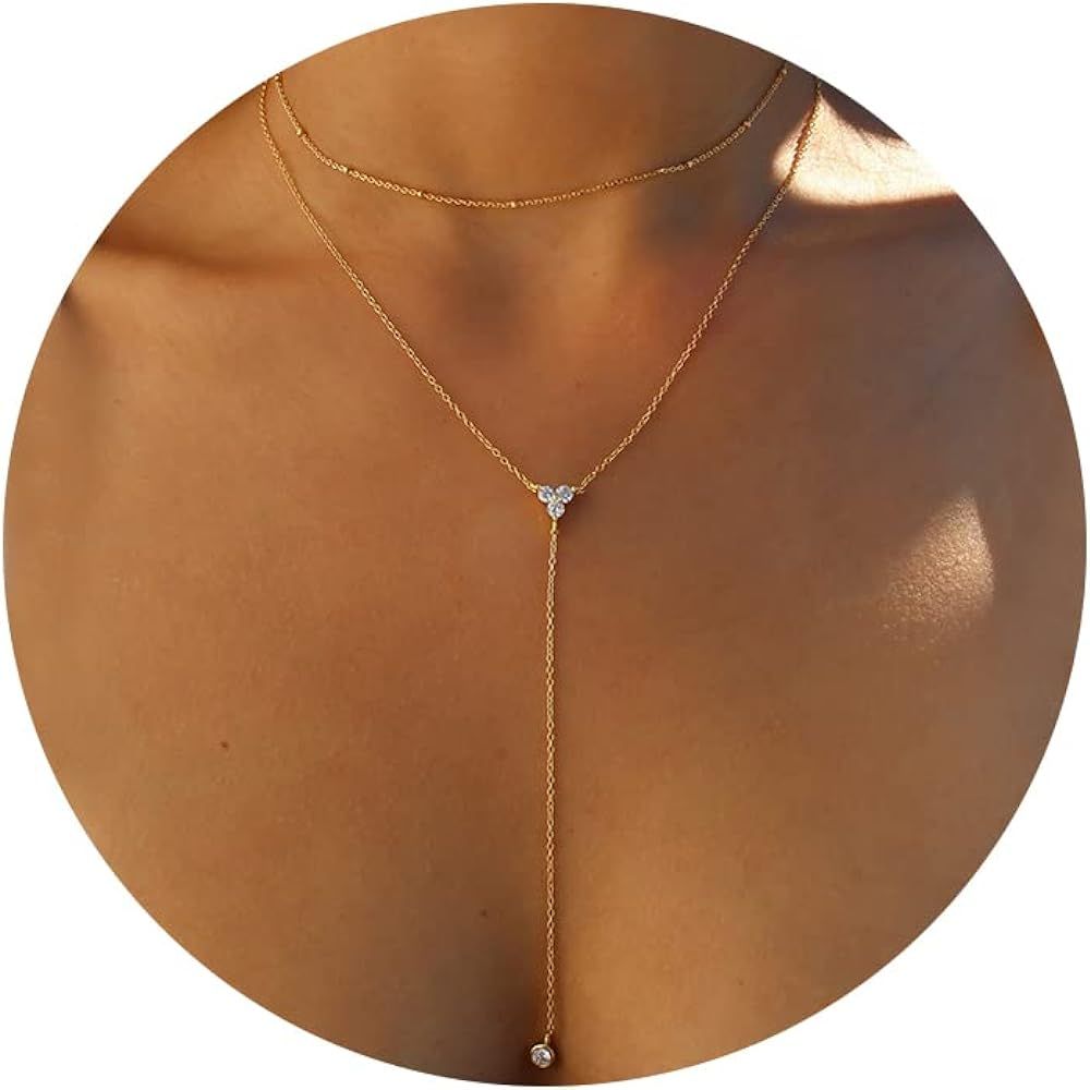Foxgirl Lariat Gold Necklace for Women, Dainty Long Necklace 14k Gold Plated/Silver Y-Shaped Pend... | Amazon (US)