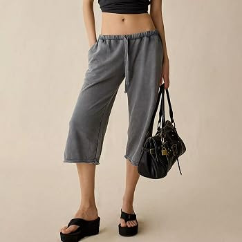 Womens Acid Wash Capri Pants Casual Mid Rise Waist Drawstring Capris Summer Loose Fit Cropped Pan... | Amazon (US)