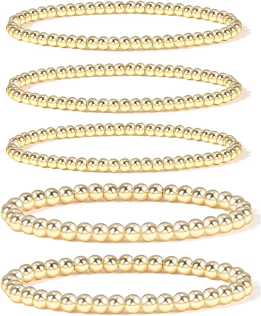Badu Gold Bead Bracelet for Women 14K Gold Plated Bead Ball Bracelet Stretchable Elastic Hypoalle... | Amazon (US)