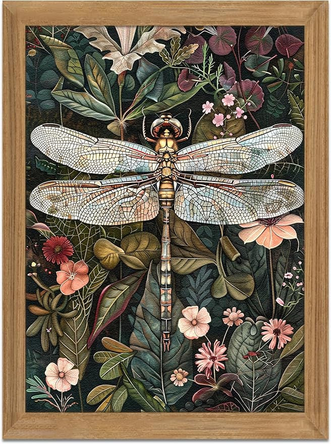 Framed Vintage 3D Textured Wall Art - Dark Green Dragonfly Flowers Wall Decor - Hand Drawn Sandst... | Amazon (US)