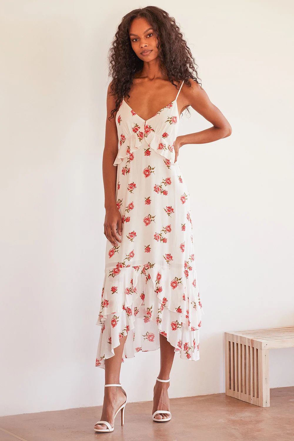 Catch Your Breeze White Floral Print Ruffled Midi Dress | Lulus (US)