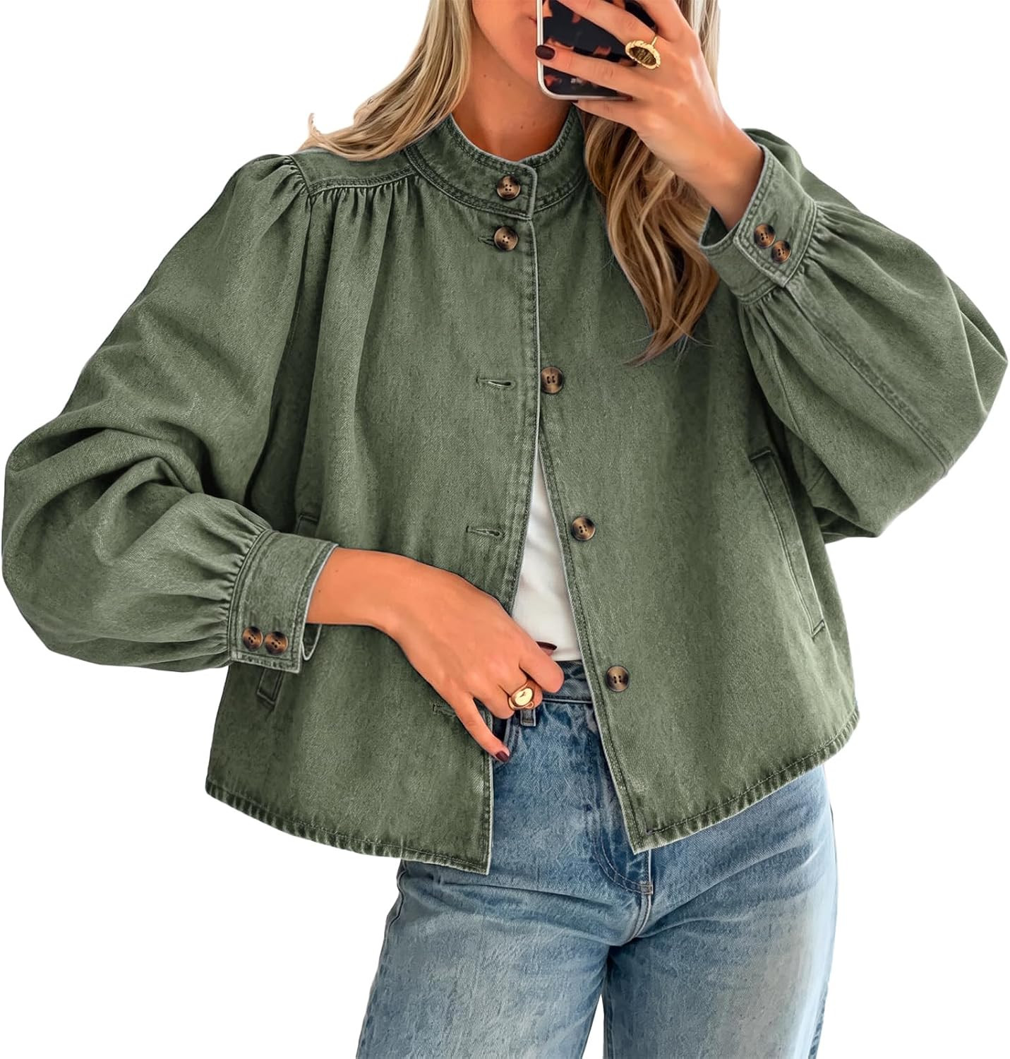 Womens Puff Long Sleeve Jean Jacket Casual Stand Collar Button Down Denim Jackets Loose Fit Tops | Amazon (US)