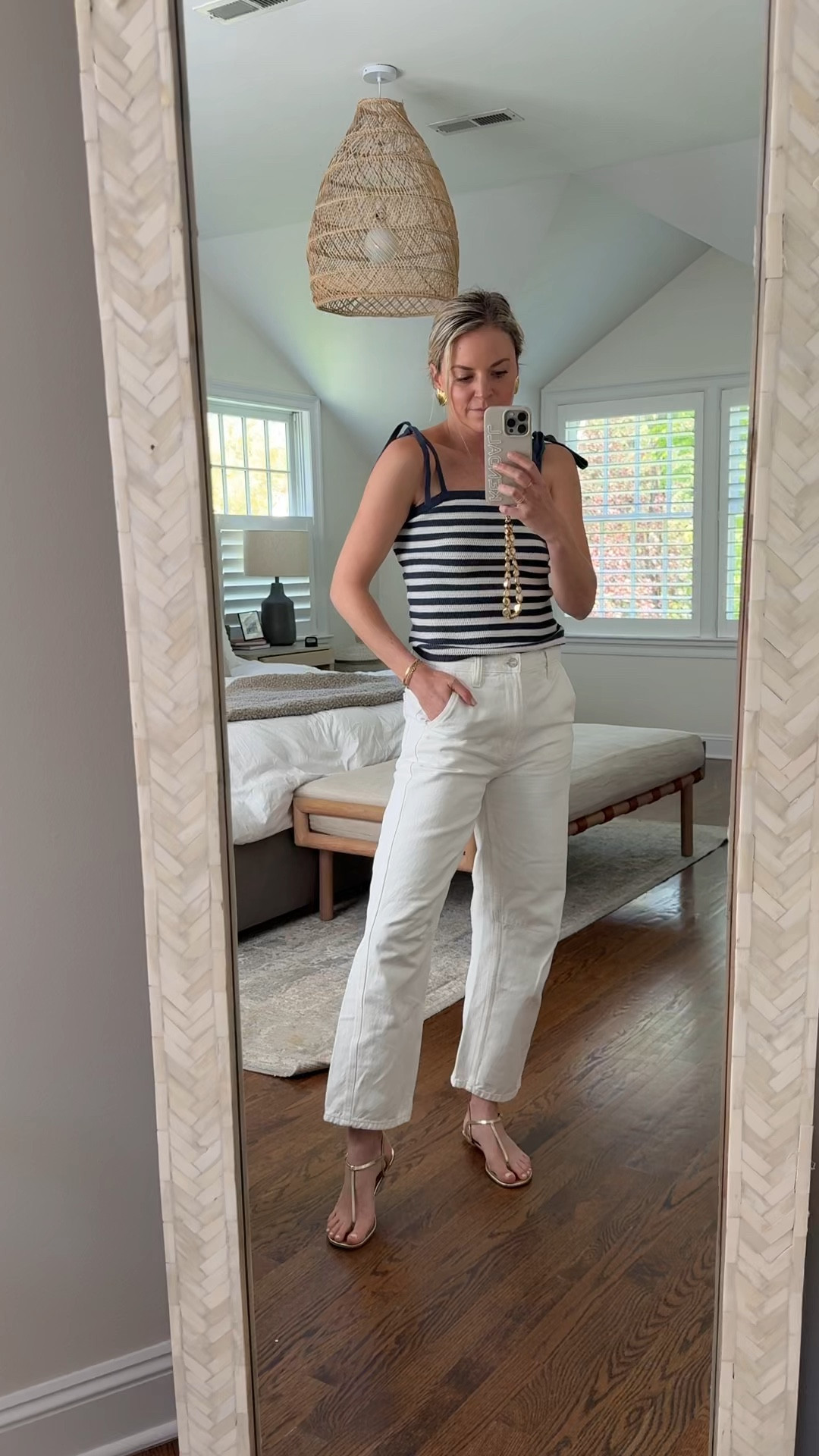 Target find perfect for Memorial Day, 4th of July and summer in general. Would also look cute with shorts or a skirt 
-small top, tts
-26R pants, tts 
-I’m a 7.5 + went size 8 sandals (whole sizes only) 

summer outfit 