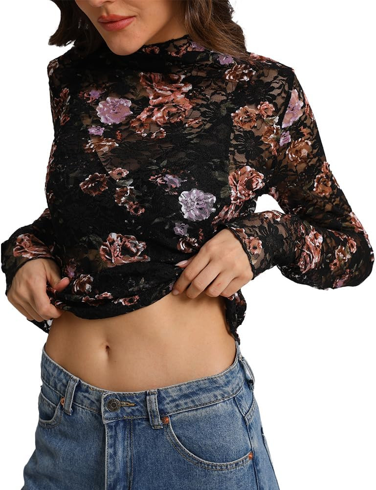 IWOLLENCE Women's Long Sleeve Mock Neck Lace Tops Sexy Floral Western See Through Blouse Sheer Me... | Amazon (US)