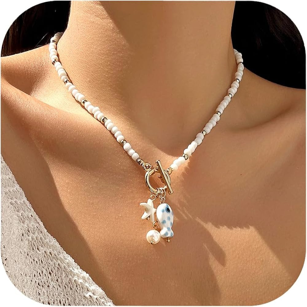 RINHOO Ceramic Fish & Starfish Charm Necklace Boho Handmade Bead Necklace OT Buckle Clasp Jewelry | Amazon (US)