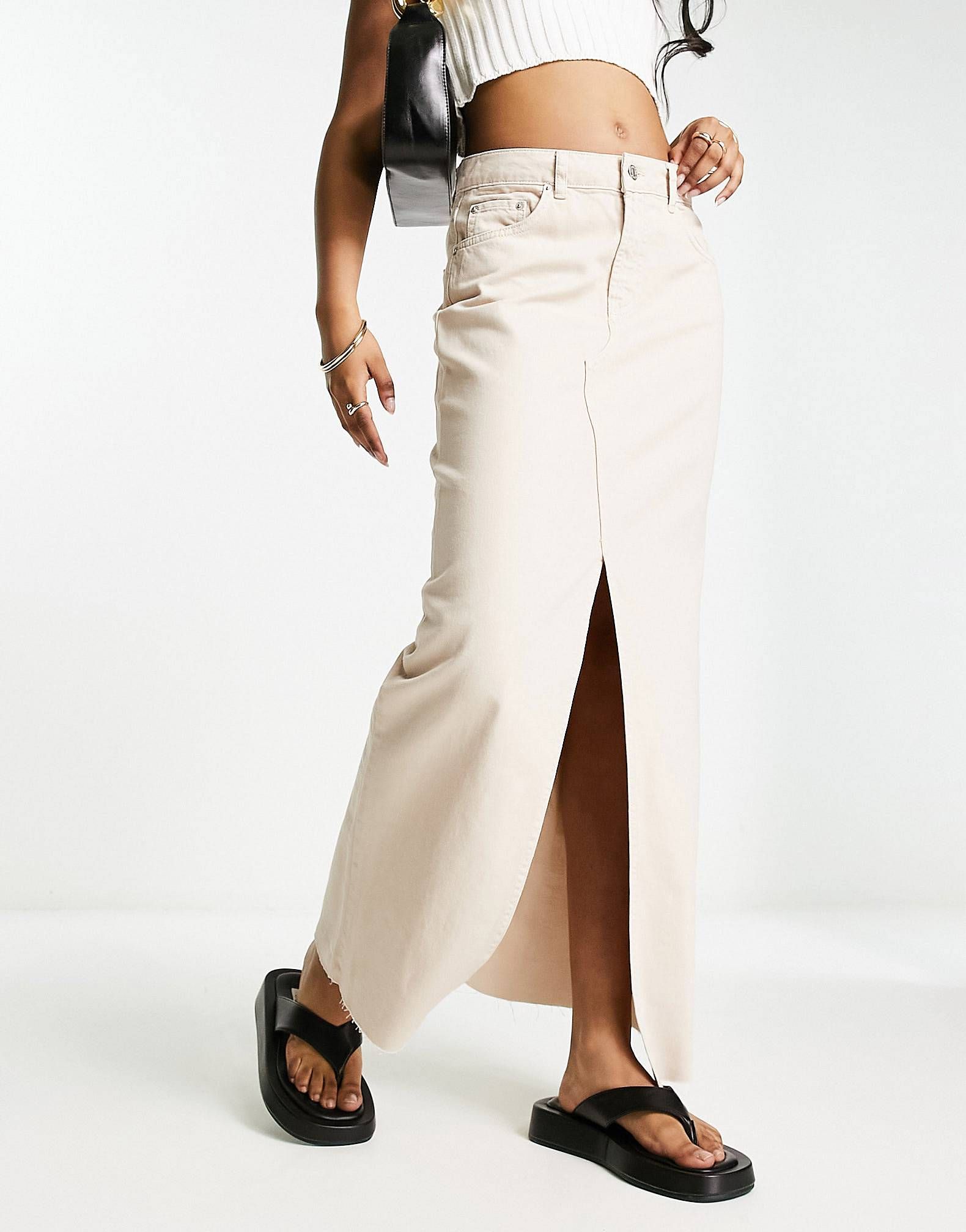 ASOS DESIGN lightweight denim maxi skirt with split front in taupe  | ASOS | ASOS (Global)