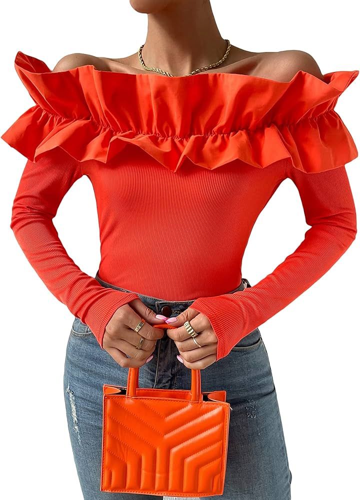 OYOANGLE Women's Ruffle Trim Off Shoulder Long Sleeve Blouse Party Tops Shirt | Amazon (US)