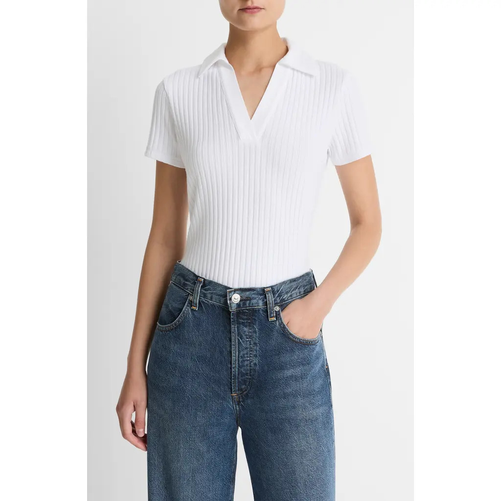 Vince Johnny Collar Ribbed Top in 137Owt-Optic White at Nordstrom, Size X-Small | Nordstrom