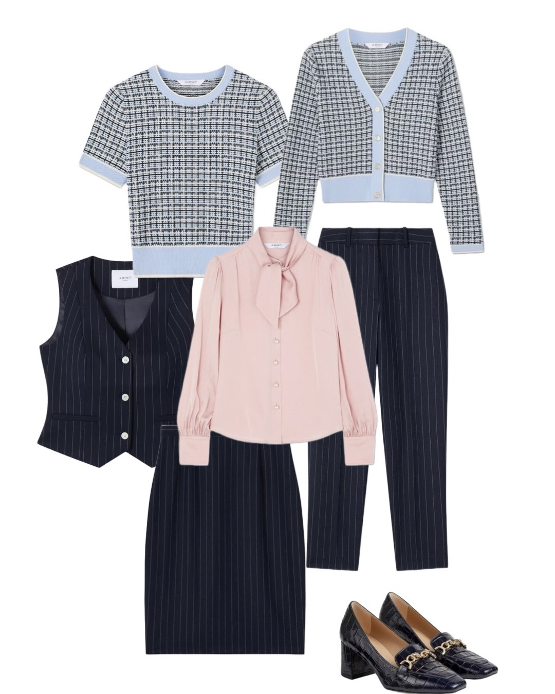 Elegance Monday to Friday! This workwear capsule features my favourite pieces from the brand new LK Bennett London SS25 Workwear Edit - pale pink tie neck Hall blouse, Bella navy wool pinstripe pencil skirt and trousers (matching pinstripe blazer also available and in petite). Team these with the Baxter waistcoat, Honey short sleeve sweater and V neck cardigan and Johanna navy croc loafer-style court shoes. Seriously smart 9-5 and beyond, these separates that will offer plenty of styling options, but are perfect all year round. Don’t forget to use my 15% discount code REBECCALIPKINAUTHOR15 

#LTKeurope #LTKuk #LTKworkwear