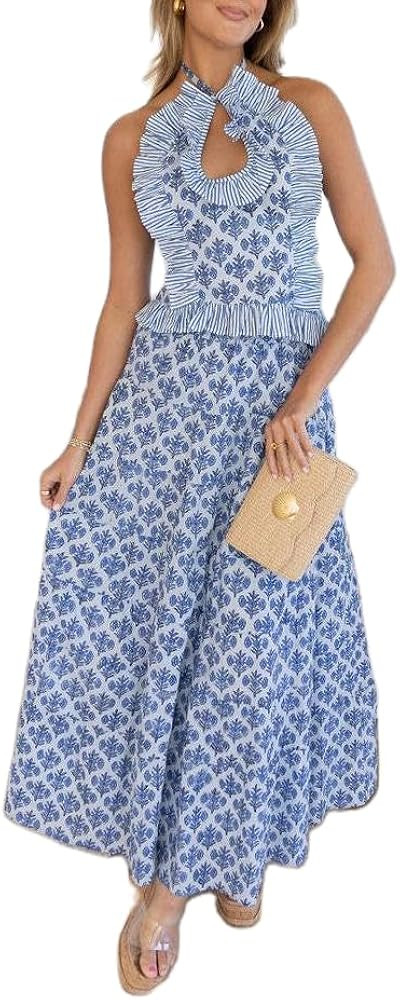 Women Y2k Ruffle Skirt Set Boho Floral Print Halter Tank Top Flowy Maxi Skirt Outfit Going Out St... | Amazon (US)