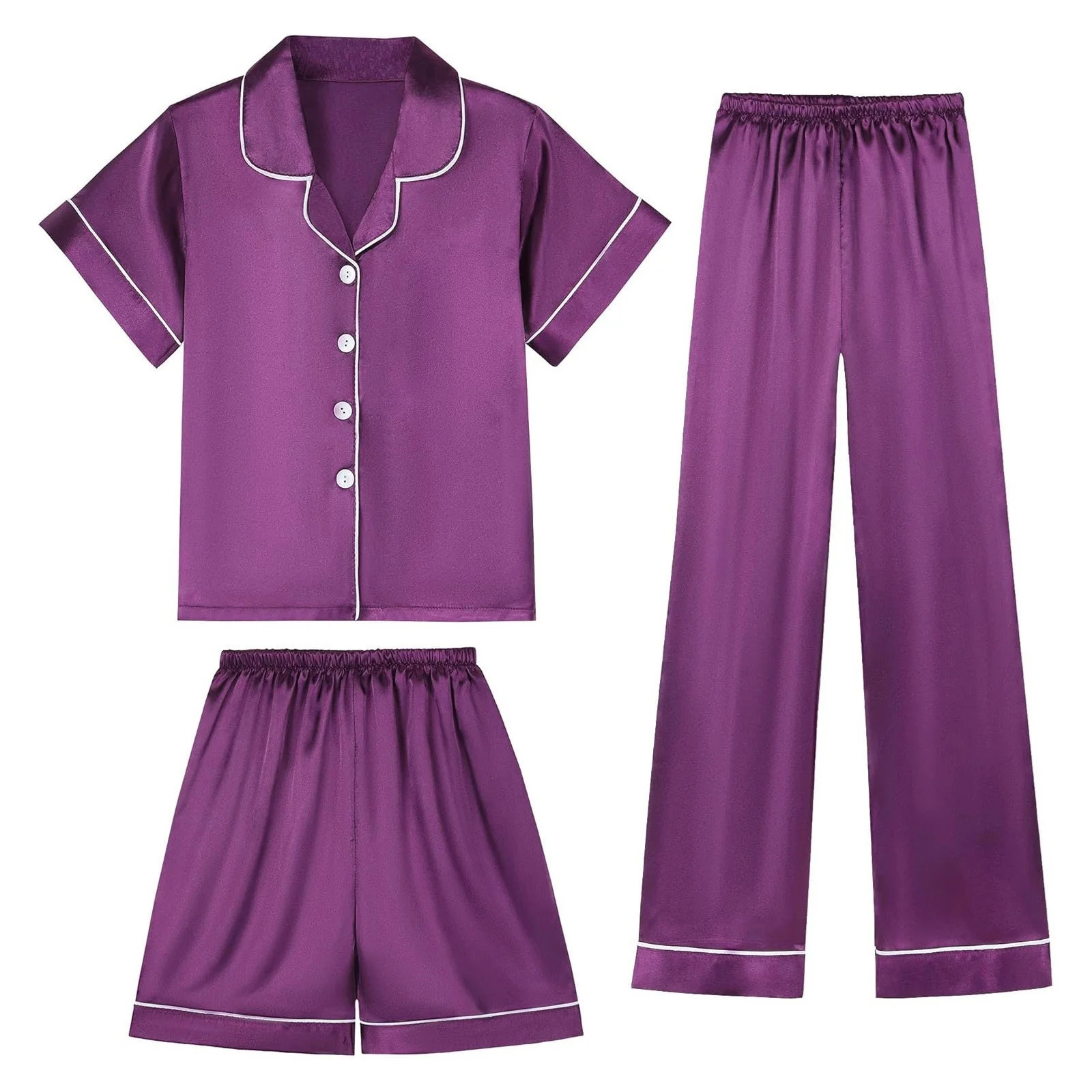 Tween Boys Silk Pajamas Set Plain Color 3 Piece Set Short Sleeve Button Down Top Shorts and Pants... | Walmart (US)