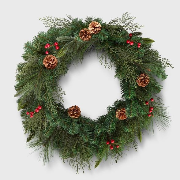 28in Unlit Mixed Greenery with Red Berry and Pinecones Artificial Christmas Wreath - Wondershop... | Target