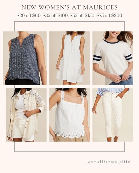 New women’s at Maurice’s. Sale May 13-16 get $20 off $60, $35 off $100, $55 off $150 or $75 off $200. Date night outfit. White dress. Summer outfit. Summer dress. Tank top. Americana varsity striped crew neck top. Knit eyelet sleeveless babydoll dress. Cream eyelet shacket. White eyelet swing tank top. Straight high rise cargo cropped jeans  

#LTKSaleAlert #LTKFindsUnder50 #LTKOver40