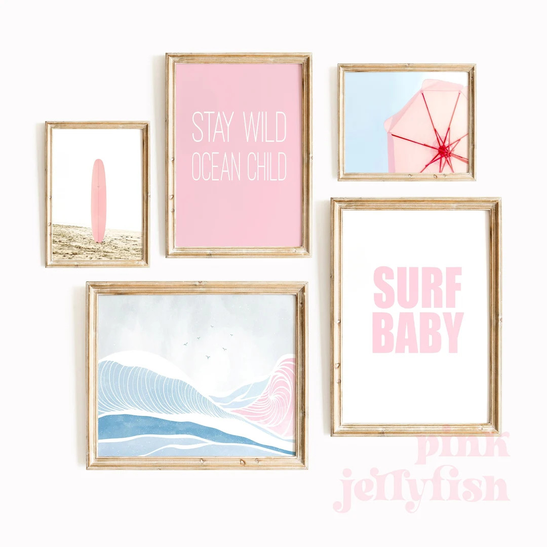 Surf Nursery Wall Art, Beachy Nursery Print, Girls Nursery Decor, Set of 5 Pink Beach, Printable ... | Etsy (US)